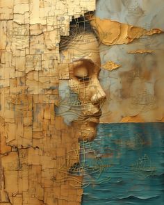 an abstract painting of a man's face with the ocean and sky in the background