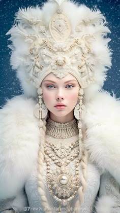 a woman wearing a white fur coat and headdress