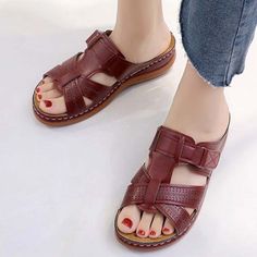 Women Shoes Artificial Leather Women Sandlas Wedge Shoes Bohemian Low Heels Women Slippers Ladies Sandals Femmes Chaussures Brown Toe Post Wedge Sandals, Buying Shoes, Royal Blue Shoes, Heels Slippers, Motorcycle Shoes, Criss Cross Sandals, Boots For Short Women, Ladies Sandals, Womens Sandals Wedges