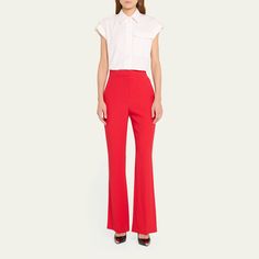 Alexander McQueen slim-fit bootcut trousers  High rise Hook/zip fly  Back welt pocket  Full length Viscose/acetate Dry clean Made in Italy Classic Flare Pants With Pockets, Flare Pants With Pockets For Work, Fitted Flare Pants With Pockets, Bootcut Trousers, Bergdorf Goodman, Denim Blue, Welt Pocket, Patch Pocket, Top Designers