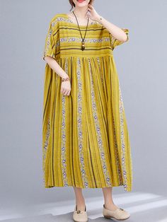 Sku CY-!89396 Material >70%Cotton Style Short Sleeves Feature Printed , Striped Neckline Round-neck Occasion Casual , Simple , Vintage Seasons Summer Type Midi Dresses Color YELLOW,BLUE Size FREE SIZE Please consult the size chart we provide for this item's measurements to help you decide which size to buy.Please note: There may be 1-3cm differ due to manual measurement.CMINCH Bust Hemline Length FREE SIZE 142 130 120 Yellow Relaxed Fit Dress For Summer, Yellow Cotton Dress Relaxed Fit, Yellow Cotton Dress With Relaxed Fit, Yellow Relaxed Fit Cotton Dress, Yellow Relaxed Fit Midi Dress For Spring, Yellow Relaxed Fit V-neck Dress, Yellow V-neck Relaxed Fit Dress, Casual Yellow A-line Midi Dress, Yellow Shift Casual Dress