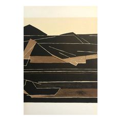 an abstract painting with lines and shapes in black, beige, and tan colors on a white background