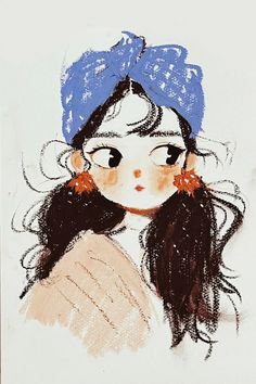 a drawing of a girl wearing a blue hat