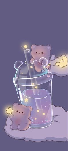 two teddy bears in a glass container with liquid and stars on the bottom, while another bear is sitting next to it