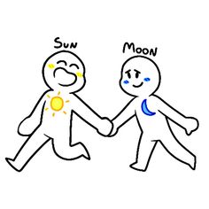 two people holding hands with the sun and moon painted on them