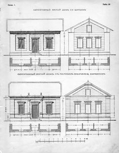 three plans for the front and side of a house, with windows on each floor