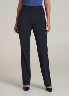 Stand Above the Rest in Style Sleek Pants for Tall Women Introducing your new power player: our tailored Dress Pants. These aren't just tall women's pants; they're a statement. With a flat front design and meticulous tailoring, they epitomize polish and poise. Whether you're commanding the boardroom or charming at a dinner, these women's tall pants ensure you stand out in comfort and style.• Slash and single welt pockets for utility and flair• Flat front for a smooth, modern silhouette• Full len Stretch Straight Hem Office Pants, Elastane Pantsuit For Business Casual, Sleek Pants With Welt Pockets And Straight Silhouette, Straight Hem Stretch Bottoms For Workwear, Classic Stretch Bottoms With Straight Silhouette, Classic Straight Silhouette Elastane Pants, Classic Pants With Straight Silhouette In Elastane, Sleek Full Length Workwear Pants, Sleek Full-length Pants For Workwear