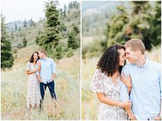 an engaged couple cuddles in the tall grass