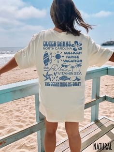 Get ready for your next beach vacation with our matching vacation t-shirts.  Customize your vacation shirts with your family name and location!  We use professional quality DGT printing on all our apparel. Direct-to-garment, or DTG, is a high quality printing method that sprays ink directly onto the garment so there is no peeling or cracking. This fabulous graphic will be printed on a Bella+Canvas Unisex Tee. Order your regular size for a slim fit and size up for an oversized fit. Please refer t Obx Family Vacation Shirts, Vacation Group Shirts, Beach Shirt Aesthetic, Cute Oversized Shirts Summer, White Relaxed Fit Camp Shirt For Vacation, White Short Sleeve Camp Shirt With Custom Print, White Custom Print Short Sleeve Camp Shirt, White Camp Shirt With Custom Print, Short Sleeve, White T-shirt For Family Beach Vacation