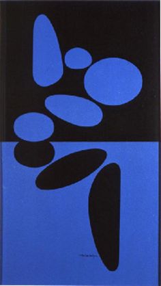 an abstract blue and black painting with circles