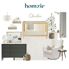 a baby's room with white furniture and gray accents, including a crib