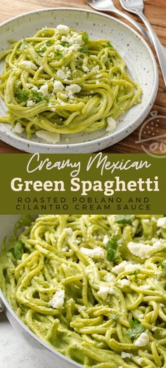 creamy mexican green spaghetti with cilantro and cream sauce