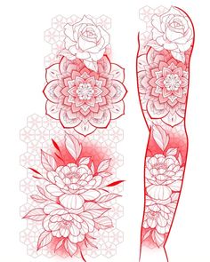 a drawing of flowers and leaves in red ink on white paper, with an intricate design