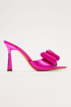 Available In Black And Fuchsia. Pointed Toe Mule Satin Bow Detail Imported | Shyla Heeled Mules Heel Shoes in Fuchsia size 7 by Fashion Nova Modern Pink High Heel Mules, Pink Synthetic Flat Heel Mules, Luxury Pink Pointed Toe Mules, Pink Open Toe Mules With 4-inch Heel, Pink Mules With 4-inch Open Heel, Search By Photo, Free Dresses, Satin Bow, Bow Detail