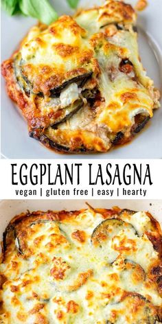 an eggplant lasagna with cheese and spinach is shown in two separate images