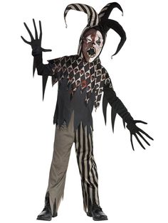 a child's scary clown costume with striped pants and black shoes, standing in front of a white background