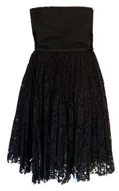 Valentino cocktail dress.Fluttering lace skirt with sweetheart bodice Strapless sweetheart neckline Banded waist with self-tie bow A-line silhouette.Hem hits about at the knee.Concealed side zip Approx. 28"L from neckline to hem.Fabric1: 71% Cotton, 21%/Viscose, 8% PolyamideFabric2: 65% Virgin wool, 35% SilkFabric3: 100% SilkLining: 91% Silk, 9% ElastanMade in Italy Formal Flared Dress With Ruffles, Elegant Lace Evening Skirt, Elegant Party Skirt With Lace Trim, Elegant Skirted Evening Dresses, Fitted Lace Pleated Dress, Fitted Pleated Lace Dress, Formal Lace Dress With Pleated Bodice, Evening Flowy Lace Skirt, Evening Pleated Skirted Dress