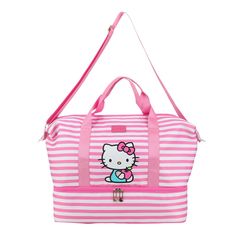 Add a touch of cuteness to your travels with this Hello Kitty pink and white striped duffle bag. Featuring a charming image of Hello Kitty sitting down, this duffle bag combines style and function. It measures 17.75” W x 14.5” H x 8” D and is equipped with an adjustable strap, two compartments, and a convenient shoe pocket, perfect for all your adventures. Made from durable poly nylon materials and easy to maintain with wipe-clean care, this duffle bag is a must-have for Hello Kitty fans on the Hello Kitty Sitting, Weekend Duffle Bag, Grateful Dead Dancing Bears, Hello Kitty Rooms, Hello Kitty Images, Hello Kitty Bag, Kitty Images, Hello Kitty Characters, Hello Kitty Pink