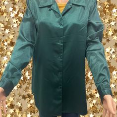 * Flattering long sleeve top, perfect for work or jeans.  *Vintage Jaclyn Smith, slim shoulder pads, great condition  *A deep green for fall/holidays or subtle team spirit!  *A timeless look for work or a party! * The polyester satin fabric has a shiny finish and has buttons for a beautiful look. * Don't miss out on a chance to own this showstopper blouse! Elegant Green Long Sleeve Shirt, Elegant Long Sleeve Green Shirt, Green Button-up Blouse For Night Out, Green Long Sleeve Winter Shirt, Elegant Green Fall Shirt, Green Long Sleeve Shirt For Winter, Green Long Sleeve Party Blouse, Fall Party Collared Blouse, Green Long Sleeve Blouse For Night Out