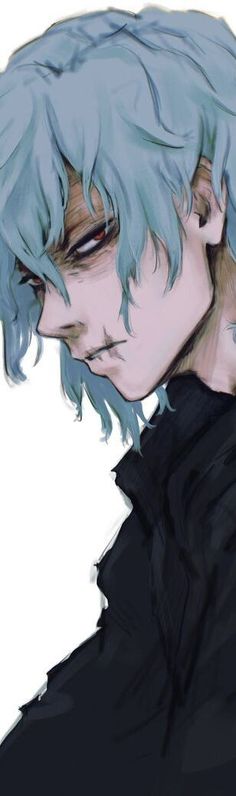 a drawing of a guy with blue hair and black shirt looking at something in the distance