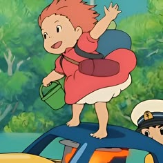 an animated image of a boy on top of a car with another man in the background