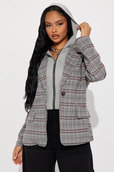 Available In Grey/combo. Blazer Hooded Lapel Collar Long Sleeve Twill Plaid Button Closure Fully Lined Disclaimer: Plaid Placement Will Vary. Shell: 64% Polyester 34% Rayon 2% Spandex Contrast: 65% Polyester 35% Cotton Lining: 100% Polyester Imported | Street Smart Hooded Plaid Blazer in Grey size Small by Fashion Nova Casual Hooded Fall Blazer, Street Smart, Women Street, Plaid Blazer, Jeans Jumpsuit, Matching Dresses, Lapel Collar, Active Wear For Women, Clothes For Sale