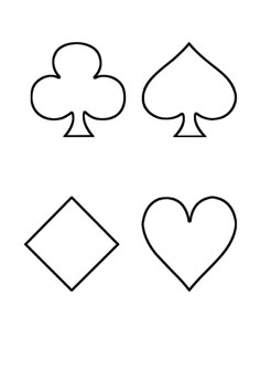 four playing cards with hearts, spades and diamonds coloring page for kids to color