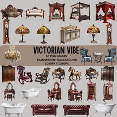 victorian furniture and lamps are displayed in this image with the text victorian vibe transparent background