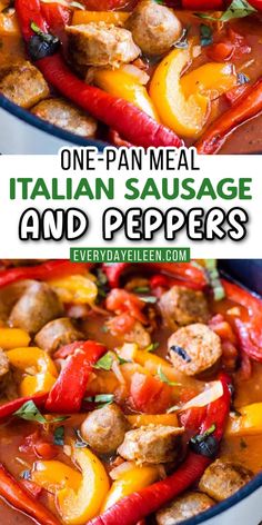 One pan with peppers and sausage with Pinterest overlay. Sausage And Peppers Dinner, Sweet Sausage Recipes, Pepper Recipes Healthy, Sausage And Peppers Pasta, Turkey Sausage Recipes