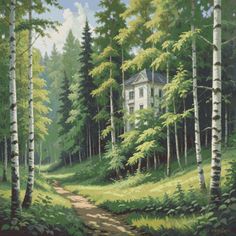 a painting of a house in the middle of a forest with a path leading to it