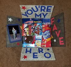 a collage of various items that say you're my hero and have pictures on them