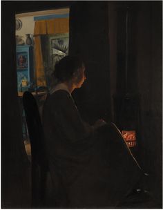 a painting of a woman sitting in front of an oven looking at something on the stove