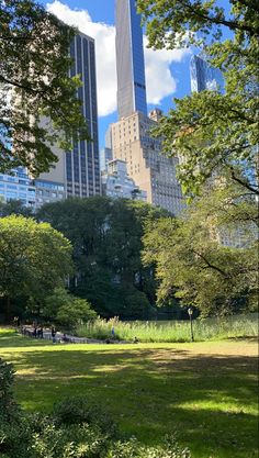 people are sitting and walking in the park near skyscrapers on a sunny day with blue skies