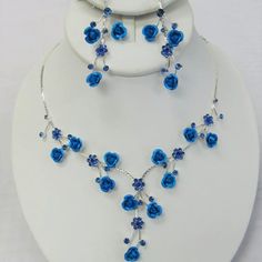 Brand New, Beautiful! Adjustable Blue Jewelry For Party, Blue Metal Jewelry Sets, Blue Dangle Jewelry For Party, Blue Sterling Silver Costume Jewelry, Blue Costume Jewelry In Sterling Silver, Blue Dangle Party Jewelry, Nickel-free Blue Necklaces For Wedding, Nickel Free Blue Jewelry Sets, Blue Nickel-free Necklaces For Wedding