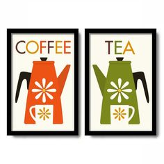 two framed teapots with the words coffee and tea on them are displayed in black frames