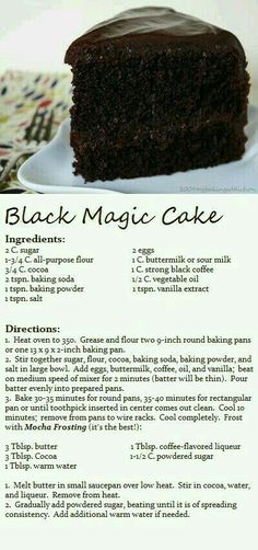 a recipe for black magic cake on a plate