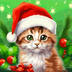 a painting of a cat wearing a santa hat with christmas decorations around it's neck