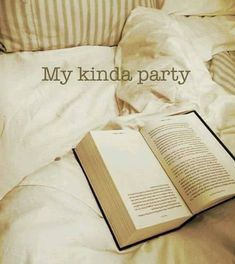 an open book sitting on top of a bed with the words my kinda party written over it