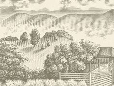 a drawing of a farm with trees and hills in the background, as well as a fence