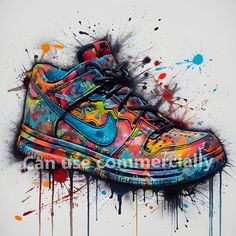 a painting of a colorful shoe with paint splatters on it