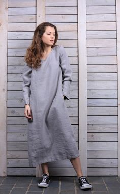 "This dress is very comfortable and has a minimalistic look. It is perfect for any occasion and for any season. Natural high-quality linen is quite dense and looks nice even without ironing. Each dress is hand made with love to nature. We use only natural fabric to create our things. You can choose from 16 colors. (The color palette you can find it in the end of listing). GENERAL SIZE CHART: SIZE XXS Bust: fits bust around 80 cm / 31.5\" Waist: fits waist around 62 cm / 24.5\" Hips: fits hips ar Gray Long Sleeve Dresses With Relaxed Fit, Solid Linen Long Sleeve Dress For Spring, Solid Long Sleeve Linen Dress For Spring, Long Sleeve Linen Dress For Spring, Oversized Long Sleeve Linen Dress, Long Linen Dress Casual, Linen Dress Casual, Long Linen Dress, Dress Linen