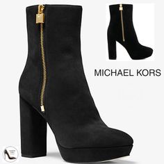 Michael Kors Frenchie Black Suede Stiletto Block Heel Platform Logo Ankle Bootie Michael Kors Womens Black 1/2" Platform Padlock Zipper Padded Frenchie Round Toe Block Heel Zip-Up Booties Size 9.5 M New "Walk The Line Between Style And Comfort In Our Frenchie Platform Boots. Crafted From Supple Leather And Shaped With A Sleek Almond Toe, They’re Set On A Towering Block Heel. Show Them Off With Mini Skirts And Dresses, Or Wear Them Underneath Wide-Leg Pants For Subtle Height. Platform Boot 100% L Chic Michael Kors Boots For Formal Occasions, Luxury Mid-calf Boots With Reinforced Heel And Round Toe, Michael Kors High Heel Boots For Fall, Elegant Michael Kors Workwear Boots, Michael Kors High Heel Boots, Michael Kors Chic High Heel Boots, Michael Kors Black Boots For Fall, Elegant Michael Kors High Heel Boots, Chic Michael Kors High Heel Boots