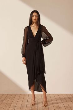 Isola Plunged Long Sleeve Midi Dress | Black | Dresses | Shona Joy – Shona Joy International Wedding Fashion For Guests, Dresses Long Elegant, Mocha Dress, Black Long Sleeve Midi Dress, Long Fall Dresses, Black Party Dress, Black Dress With Sleeves, Shona Joy, Black Party Dresses