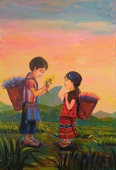 two children are standing in the grass and one is holding flowers while the other holds a basket