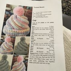 an instruction manual for knitted hats with pom - poms on top and bottom