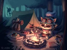 a painting of a racoon sitting in front of a campfire next to a tent