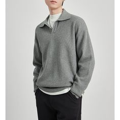 Q-050-21 Gray Long Sleeve Polo Sweater With Ribbed Collar, Gray Casual Polo Sweater With Ribbed Collar, Casual Gray Polo Sweater With Ribbed Collar, Gray Long Sleeve Polo Sweater, Casual, Gray Casual Sweater With Ribbed Collar, Gray Knit Sweater With Ribbed Collar, Casual Gray Sweater With Ribbed Collar, Casual Knitted Wool Polo Sweater, Gray Winter Polo Sweater With Ribbed Collar