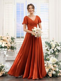 Orange Bridesmaid Dresses Sleeves, V-neck Maxi Dress With Ruched Bodice For Bridesmaid, V-neck Bridesmaid Dress With Ruched Bodice For Wedding, V-neck Bridesmaid Evening Dress With Pleated Bodice, Bridesmaid Evening Dress With Pleated Bodice And V-neck, Prom Bridesmaid Dress With Pleated Bodice And V-neck, V-neck Ruched Maxi Dress For Wedding, V-neck Chiffon Bridesmaid Dress For Prom Season, V-neck Pleated Bridesmaid Dress