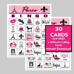 two pink and black printable cards with the words paris, 50 card's grid