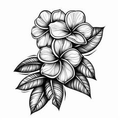 a black and white drawing of flowers with leaves on the bottom half of their petals